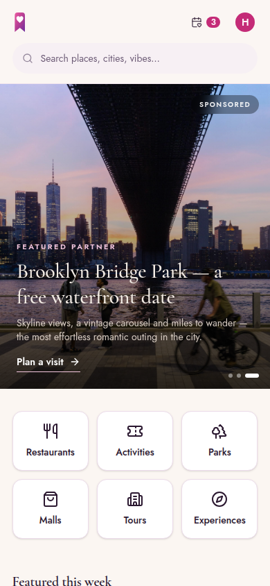 The Dating List app home screen with a Featured partner spotlight and curated categories