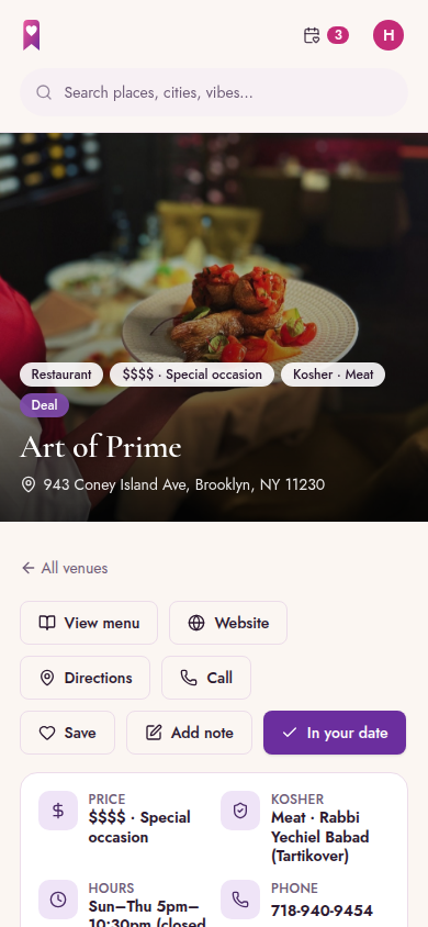 A business listing on The Dating List app showing photos, hours, and booking links